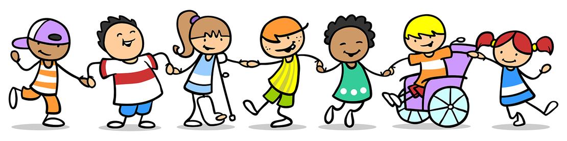 Eine Zeichnung zeigt eine Gruppe von sieben Kindern, die sich tanzend an den Händen halten. Eins der Kinder hat einen vergipsten Fuß und eins sitzt im Rollstuhl. Alle wirken fröhlich und gut gelaunt.