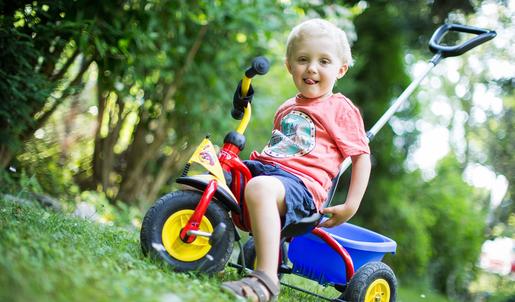 Ein Kleinkind steht mit seinem Dreirad auf der Wiese.