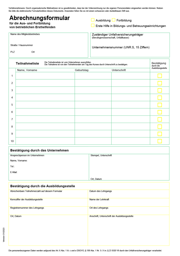Detailseite: Formulare (PDF) – Anmeldung und Abrechnung von betrieblichen Ersthelfer*innen