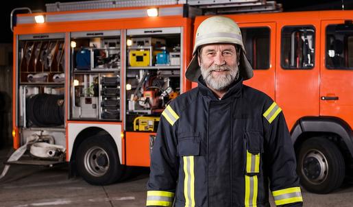 Ein ca. 60j&auml;hriger Feuerwehrmann in Einsatzkleidung steht l&auml;chelnd vor einem Feuerwehr-LKW.
