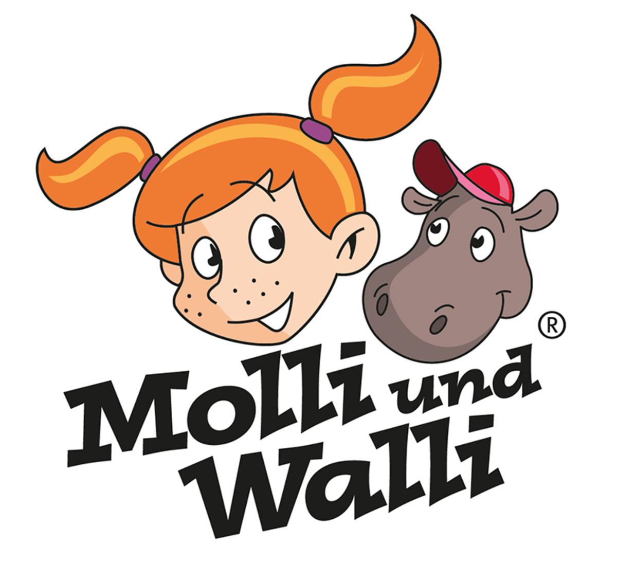 Das Logo von Molli und Walli zeigt das Gesicht von Molli und von Walli dem Nilpferd. Darunter steht der Schriftzug "Molli und Walli".