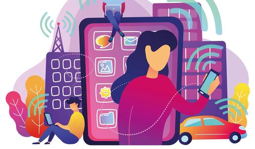 Bunte Illustration zeigt drei Menschen mit Smartphone, Tablet und Laptop in der Stadt. Von allen Ger&auml;ten geht Strahlung in Form eines W-Lan Symbols aus. Auch der abgebildete Funkmast und das Auto strahlen.