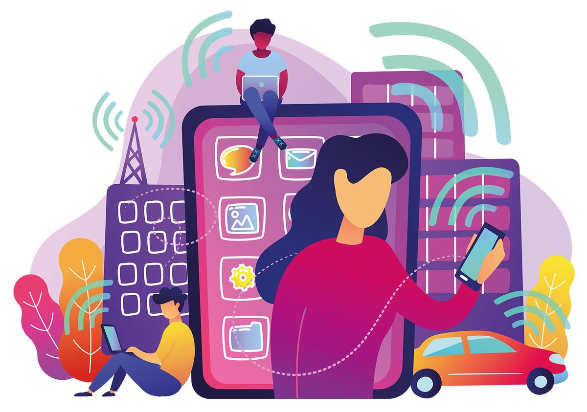 Großansicht: Bunte Illustration zeigt drei Menschen mit Smartphone, Tablet und Laptop in der Stadt. Von allen Geräten geht Strahlung in Form eines W-Lan Symbols aus. Auch der abgebildete Funkmast und das Auto strahlen.