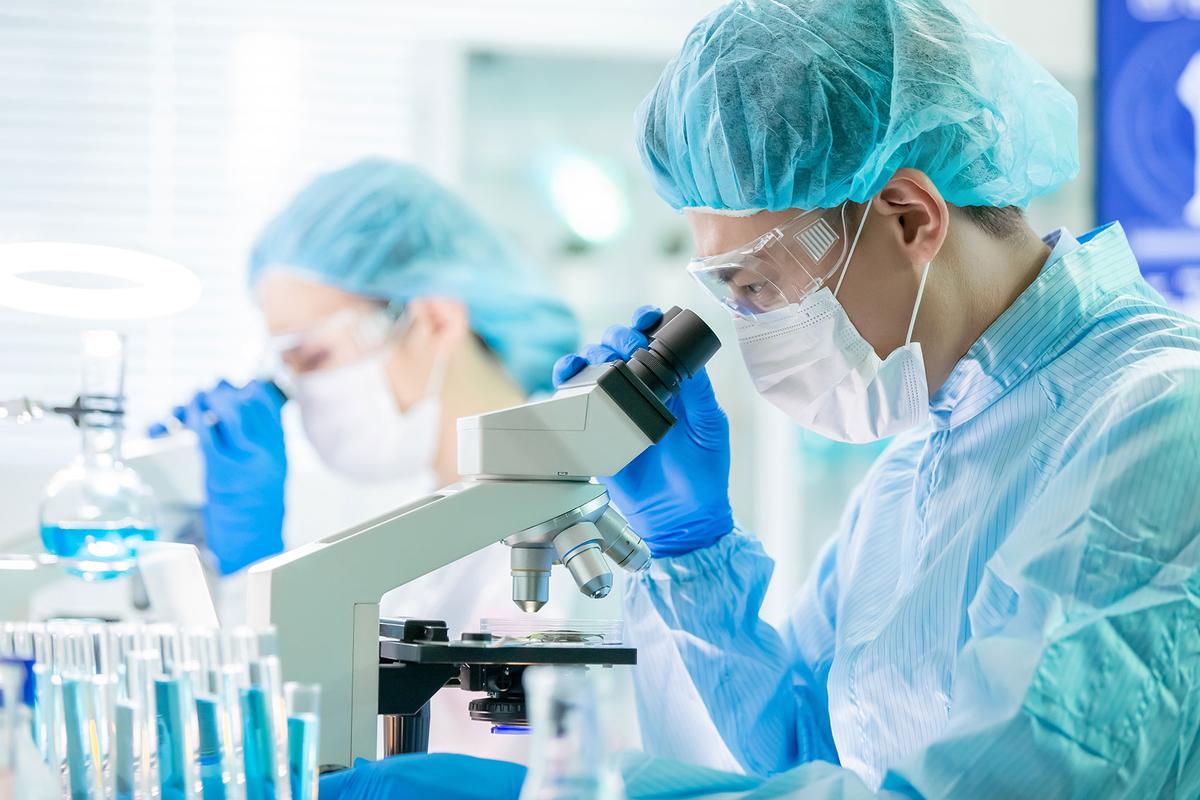 Großansicht: Zwei Labormitarbeiter mit Schutzkleidung, Schutzbrille, medizinischem Mundschutz und Gummihandschuhen schauen durch Mikroskope.