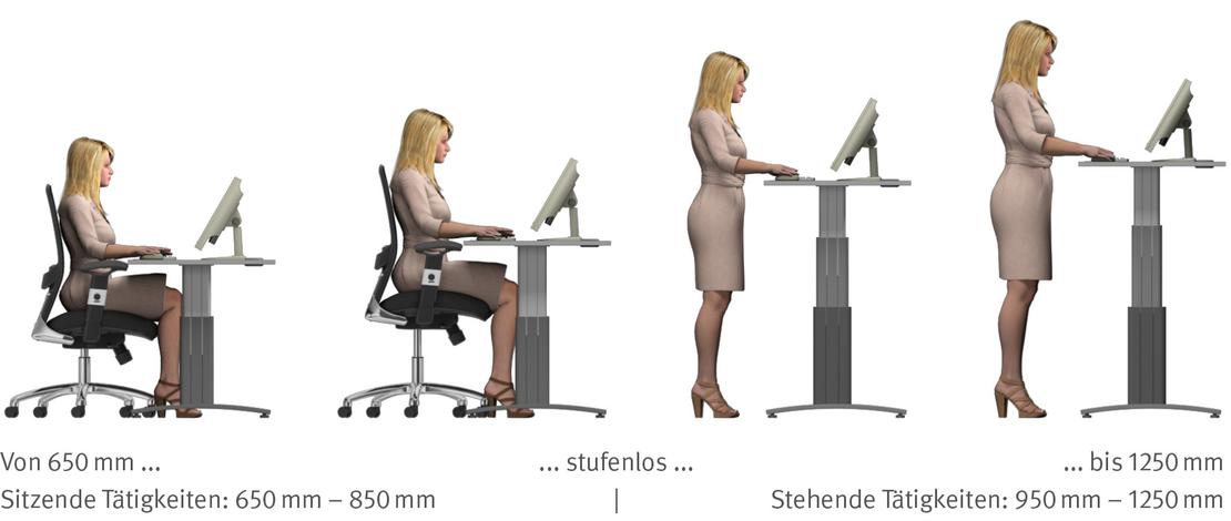 Ein 3D-Modell zeigt eine Frau insgesamt viermal: Zweimal sitzend an Schreibtischen mit einer Tischhöhe von einmal 650mm und einmal 850mm, und zweimal stehend an Stehschreibtischen mit einer Höhe von einmal 950 mm und einmal 1250 mm.