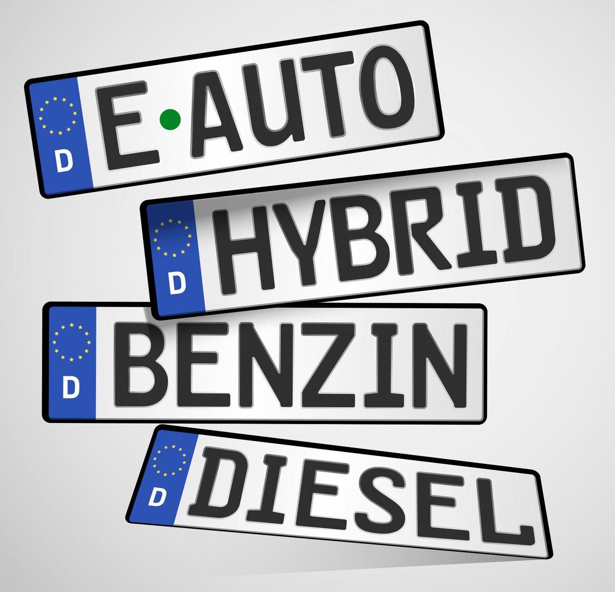 Großansicht: Vier Kennzeichen, auf denen jeweils steht: E-Auto, Hybrid, Benzin, Diesel