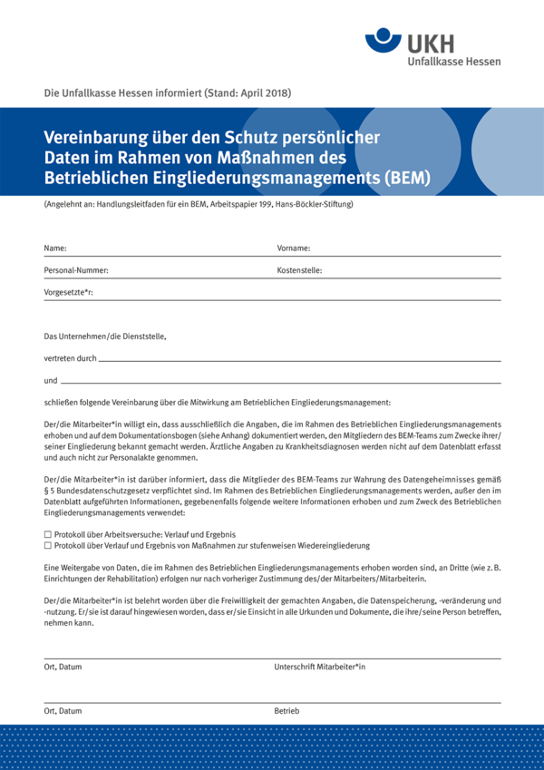 Detailseite: Merkblätter – Vereinbarung über den Schutz persönlicher
Daten im Rahmen von Maßnahmen des
Betrieblichen Eingliederungsmanagements (BEM)