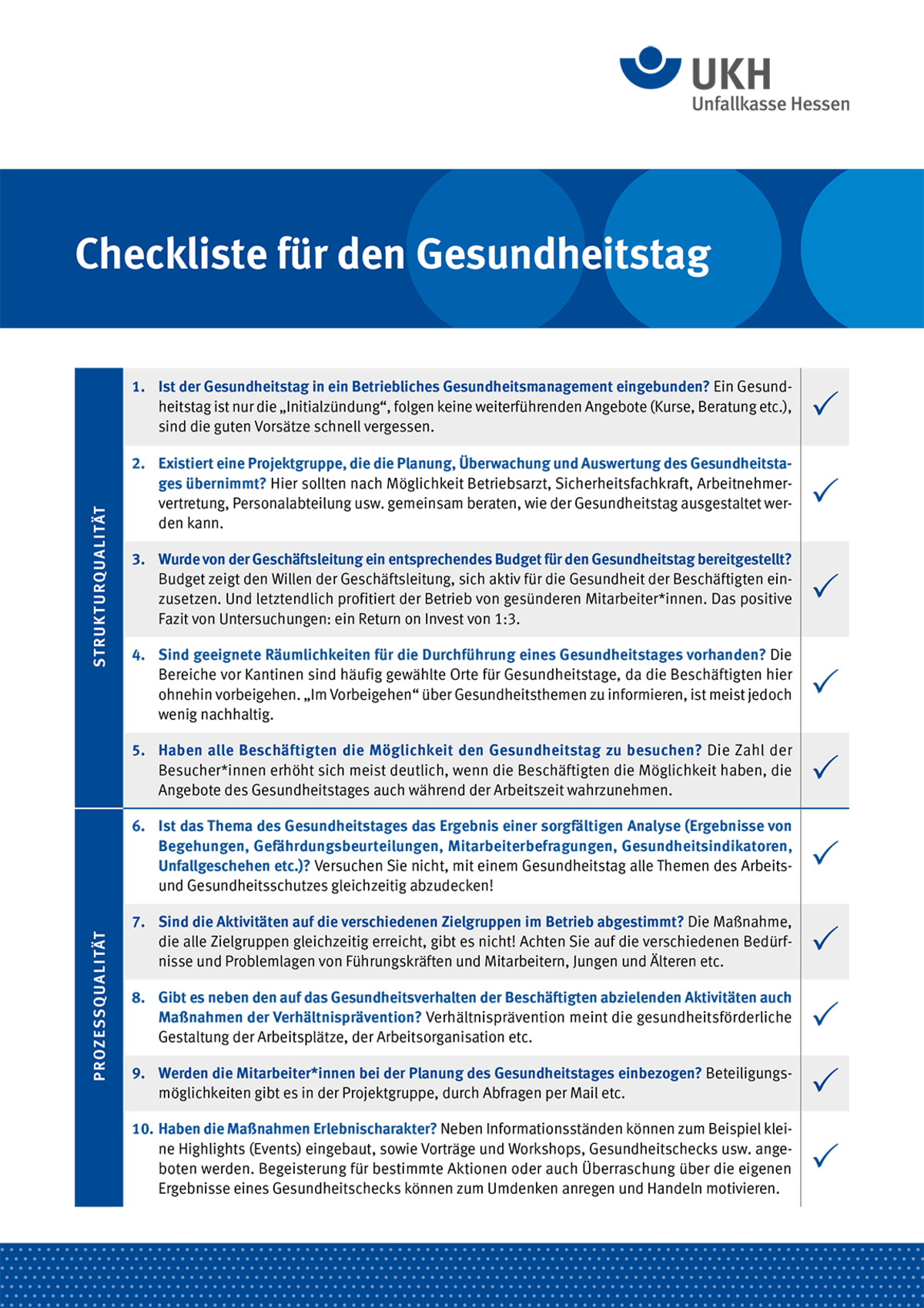Titelseite: Merkblatt Checkliste für den Gesundheitstag