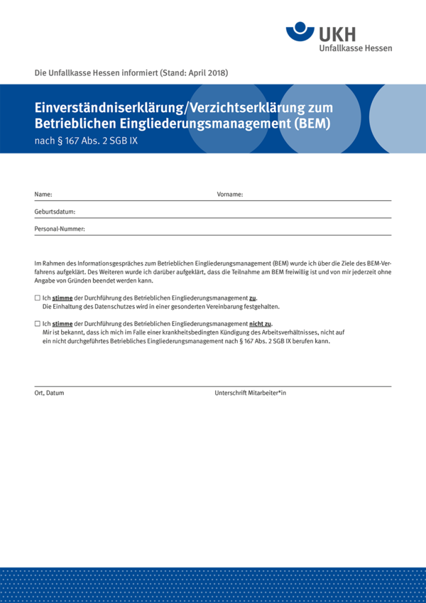 Detailseite: Merkblätter – Einverständniserklärung/Verzichtserklärung zum
Betrieblichen Eingliederungsmanagement (BEM)