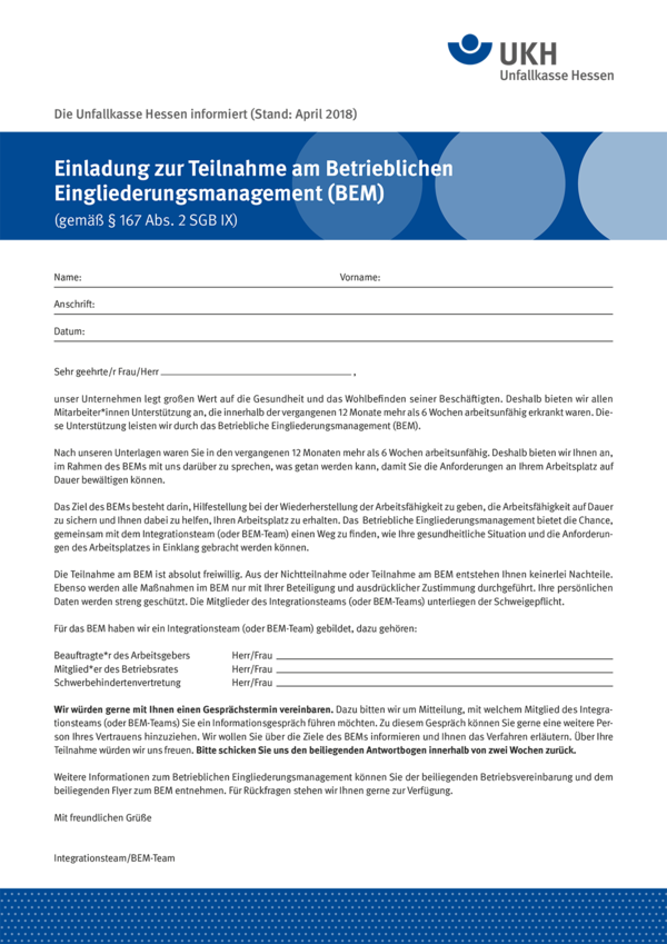 Detailseite: Merkblätter – Einladung zur Teilnahme am Betrieblichen
Eingliederungsmanagement (BEM)