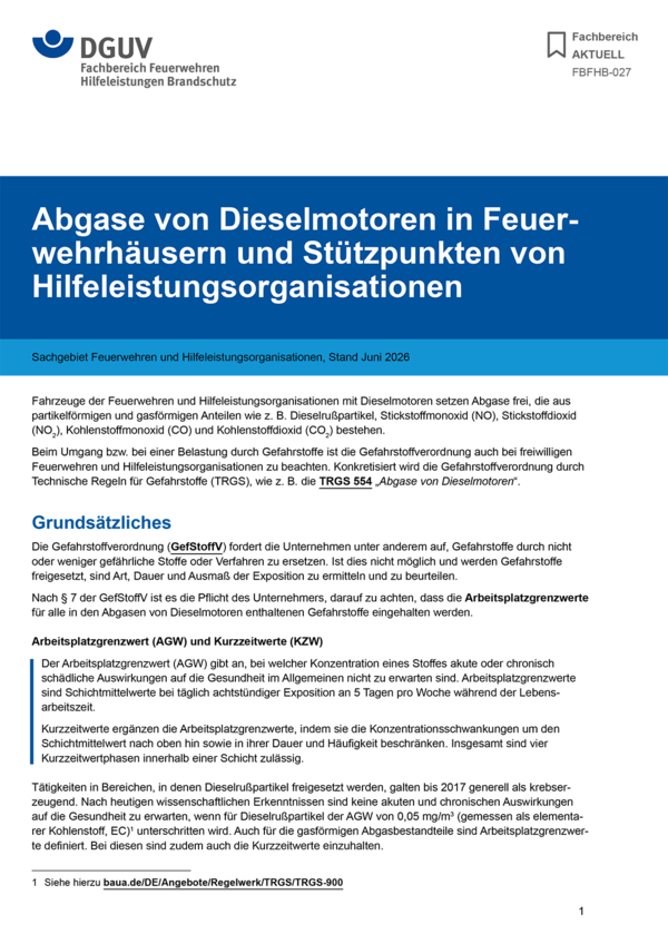 Externe Publikation ansehen: Abgase von Dieselmotoren in Feuerwehrh&auml;usern und St&uuml;tzpunkten von Hilfeleistungsorganisationen