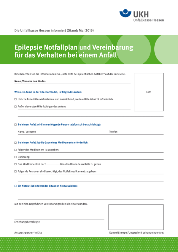 Detailseite: Formulare (PDF) – Notfallplan Epilepsie bei einem Kita-Kind und Vereinbarung
für das Verhalten bei einem Anfall